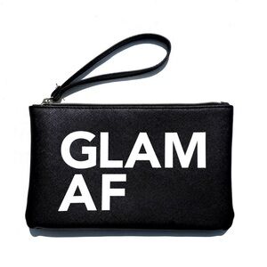 CRIMES OF BEAUTY Black Faux Leather “GLAM AF” Wristlet Makeup Clutch Bag.